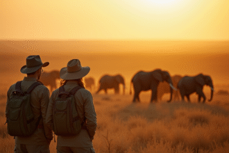 Groupe de voyageurs observant des éléphants au lever du soleil
