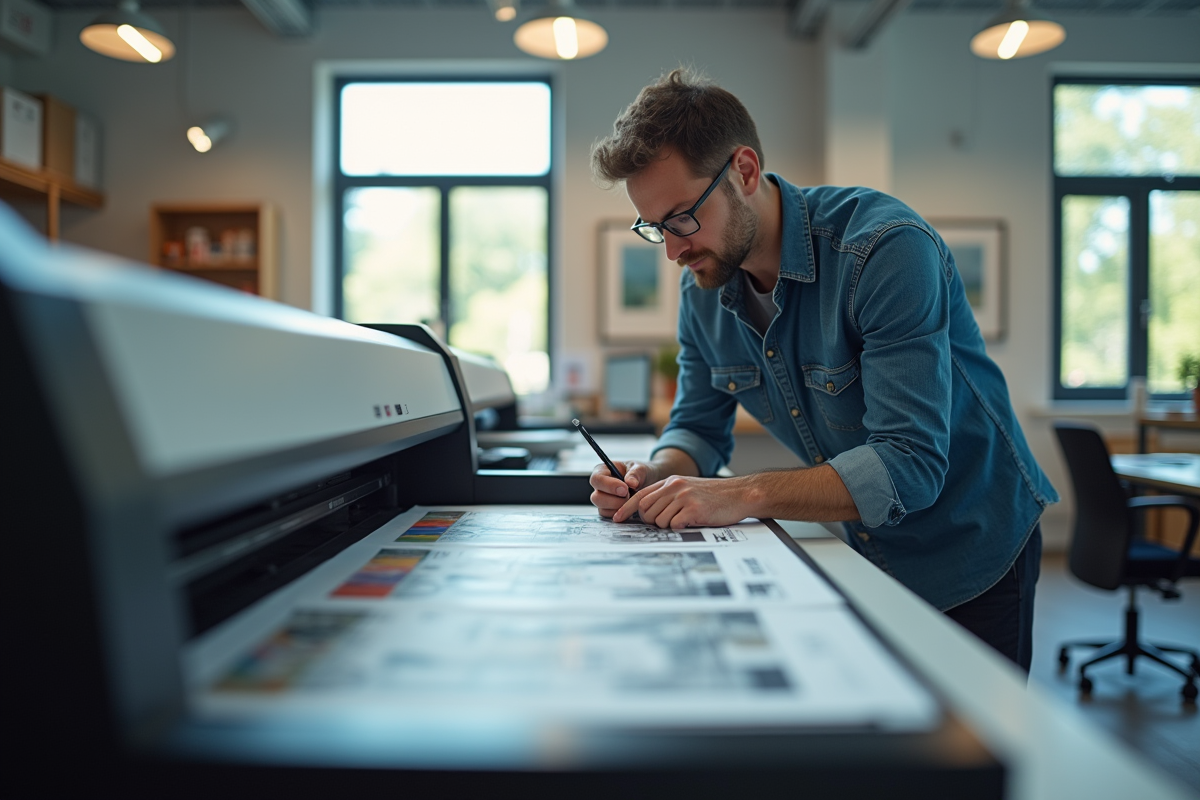 Espace de travail moderne avec une imprimante grand format en action