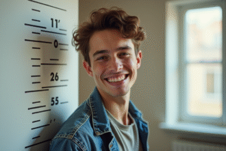 Jeune chanteur français souriant debout près d'un mur de mesure