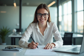 Jeune professionnel confiant dans un bureau lumineux pour l article