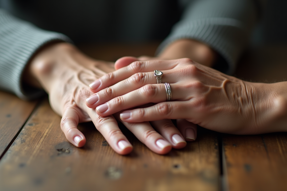 Mains âgées avec anneaux de mariage sur une table en bois