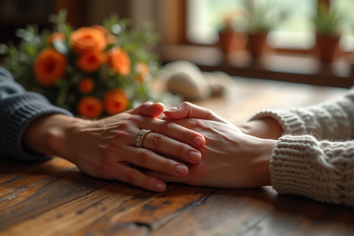 Mains entrelacees avec bagues de mariage sur une table en bois