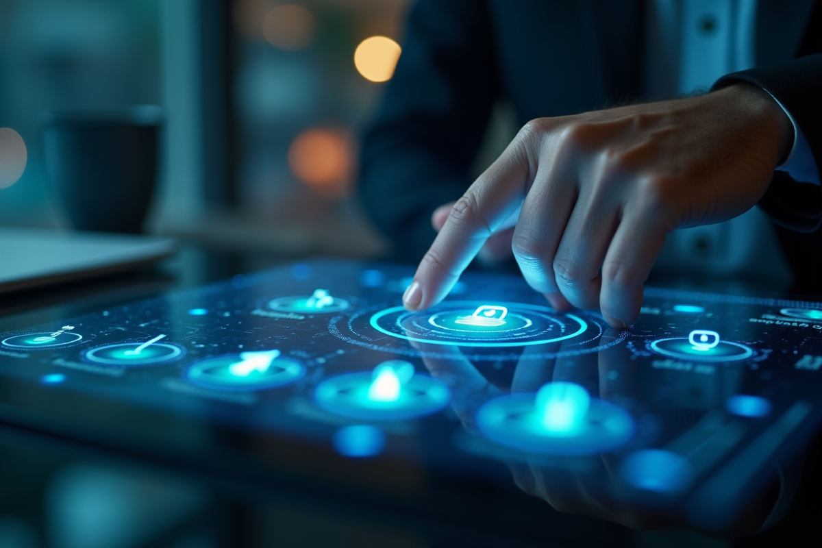 Mains manipulant une interface tactile futuriste avec icônes web