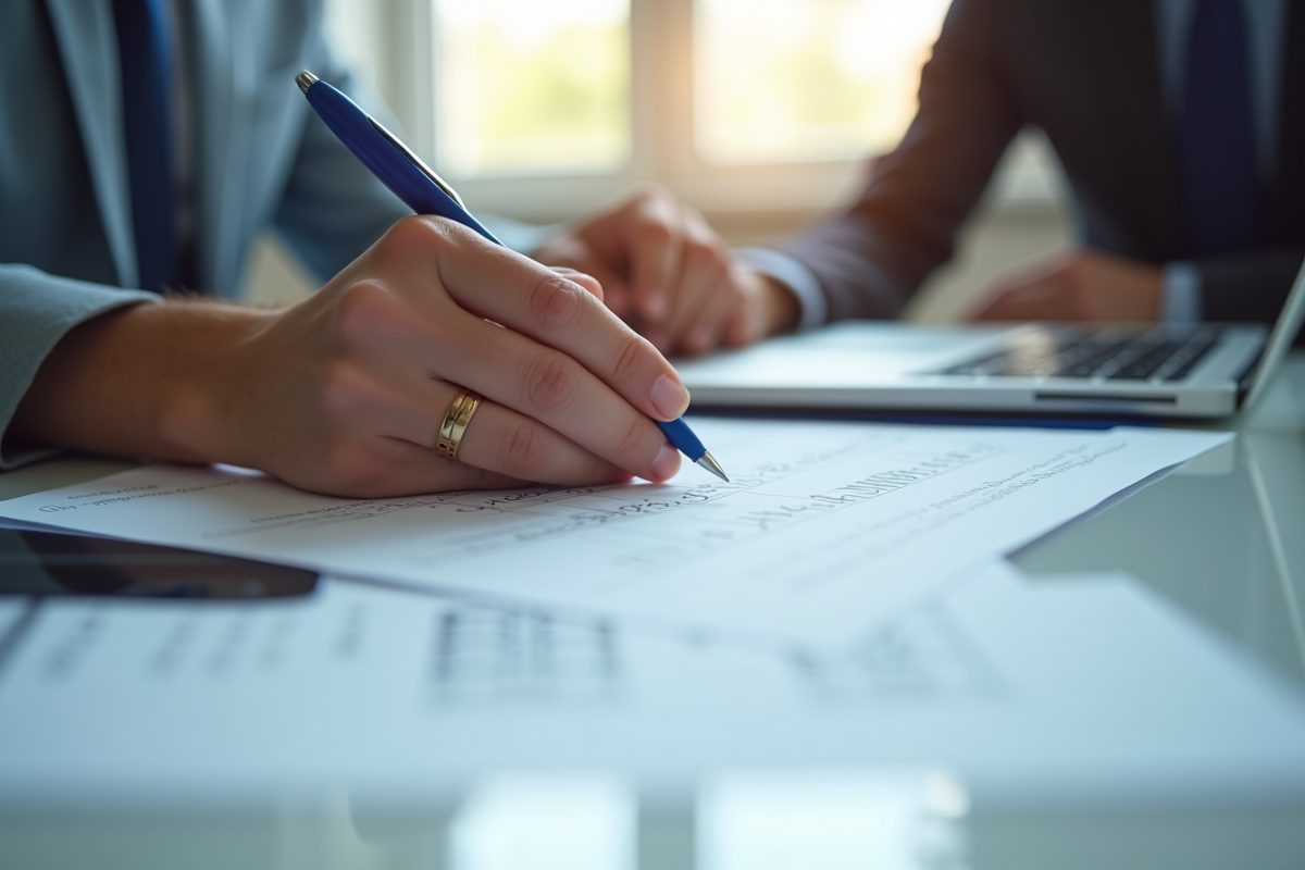 Mains tenant des documents officiels avec un stylo bleu