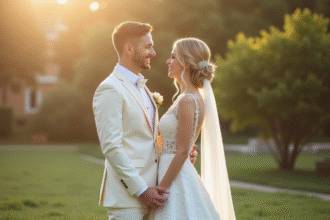 Couple de mariés en extérieur souriants et main dans la main