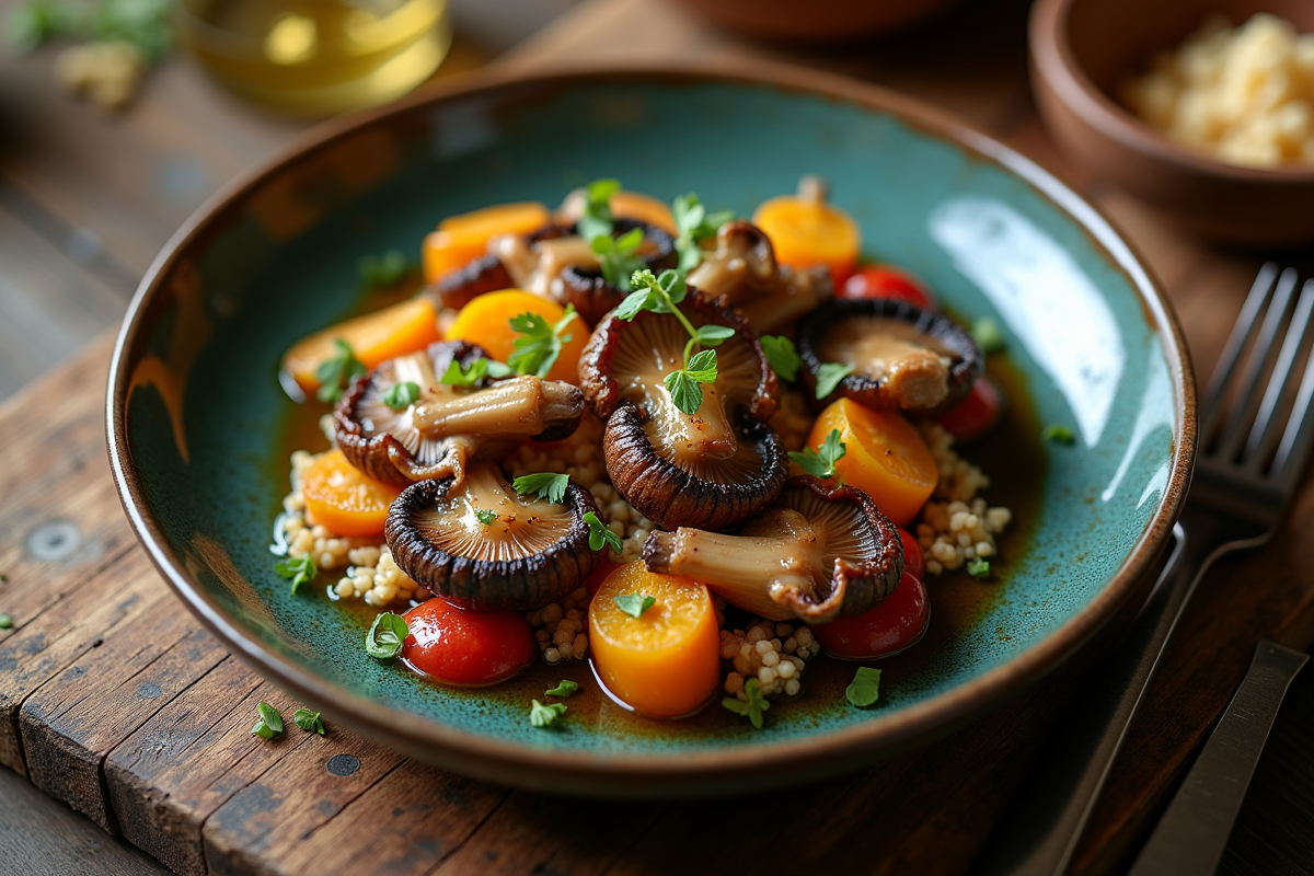 Assiette de champignons noirs sautés avec légumes sur table en bois