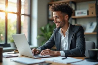 Professionnel souriant travaillant sur un bureau moderne avec un tableau de bord en ligne
