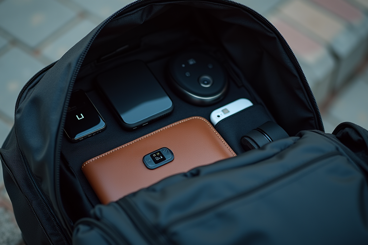 Vue d’un sac ouvert avec tracker attaché à un portefeuille