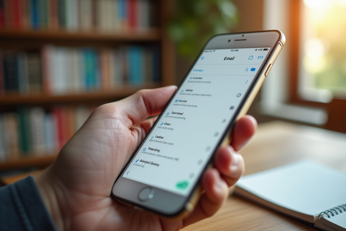 Smartphone avec parametres email academique en lumière naturelle