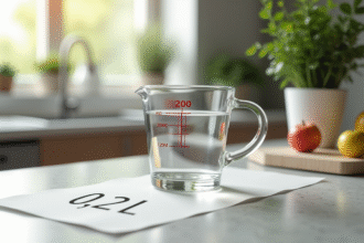Verre mesure 200 ml sur plan de cuisine avec note 02 L