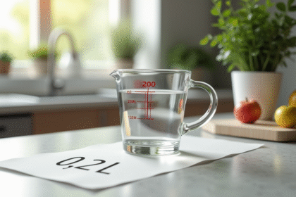 Verre mesure 200 ml sur plan de cuisine avec note 02 L