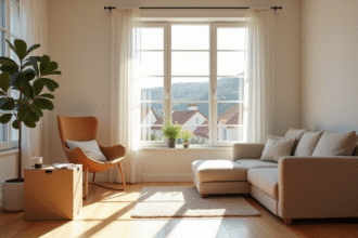 Intérieur cosy d'un appartement lumineux avec meubles scandinaves et vue sur une petite ville française