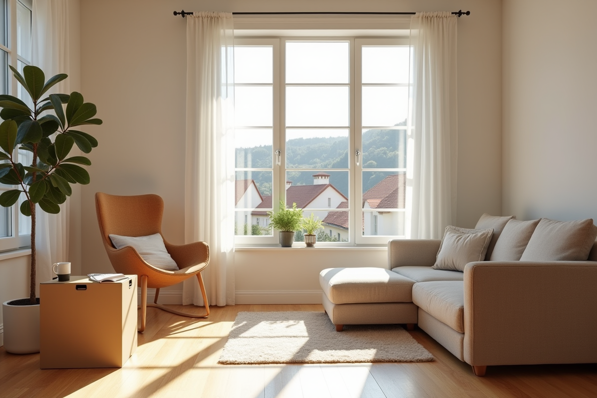 Intérieur cosy d'un appartement lumineux avec meubles scandinaves et vue sur une petite ville française
