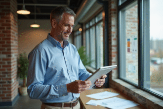 Auditeur energie homme en bureau moderne avec plans