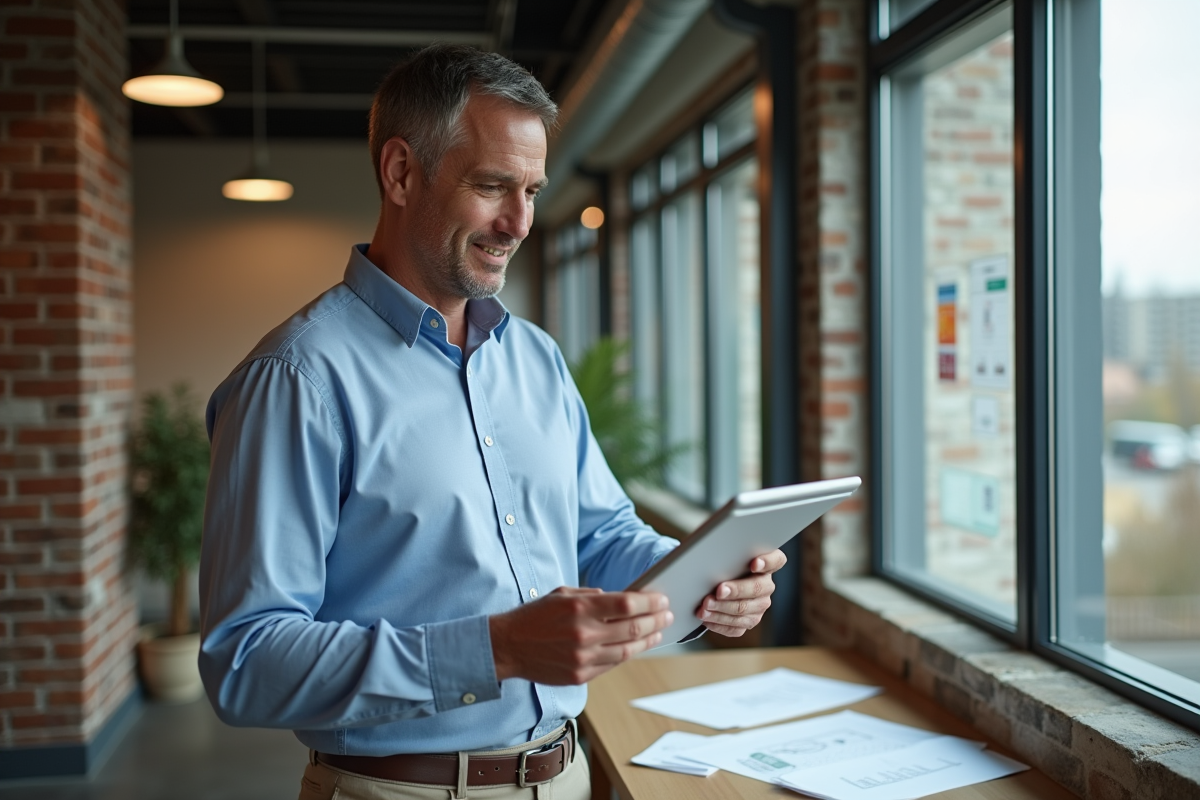 Auditeur energie homme en bureau moderne avec plans
