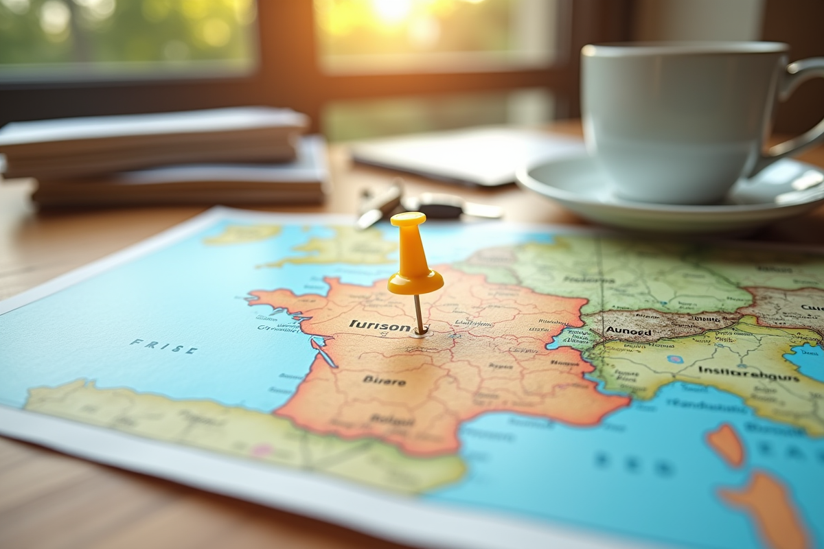 Carte de France avec épingle jaune sur un bureau avec clés et contrats de location