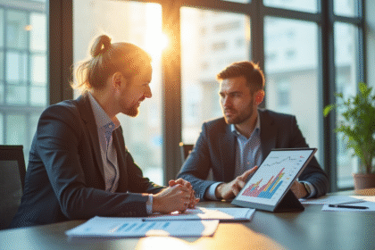 Conseiller financier et client en réunion dans un bureau lumineux
