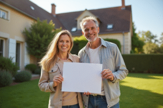 Couple heureux avec panneau vente devant maison campagne