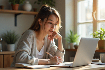 Jeune femme organisée gérant ses finances dans un appartement