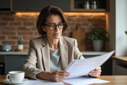 Femme d'âge moyen lisant des documents de logement dans une cuisine