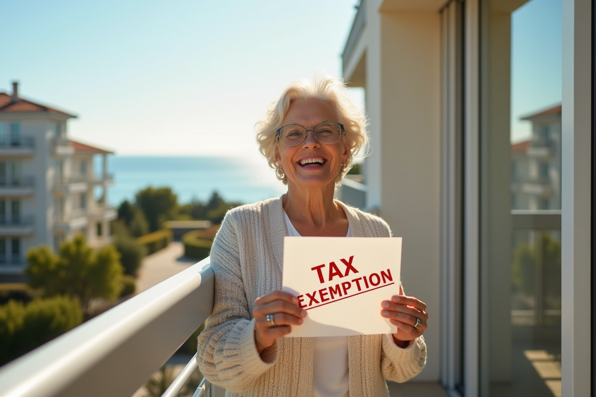 Femme âgée relaxant sur balcon avec lettre exemption fiscale