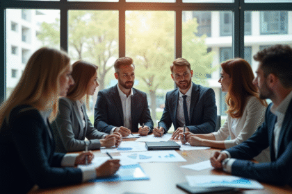 Groupe de professionnels en finance éthique dans un bureau lumineux