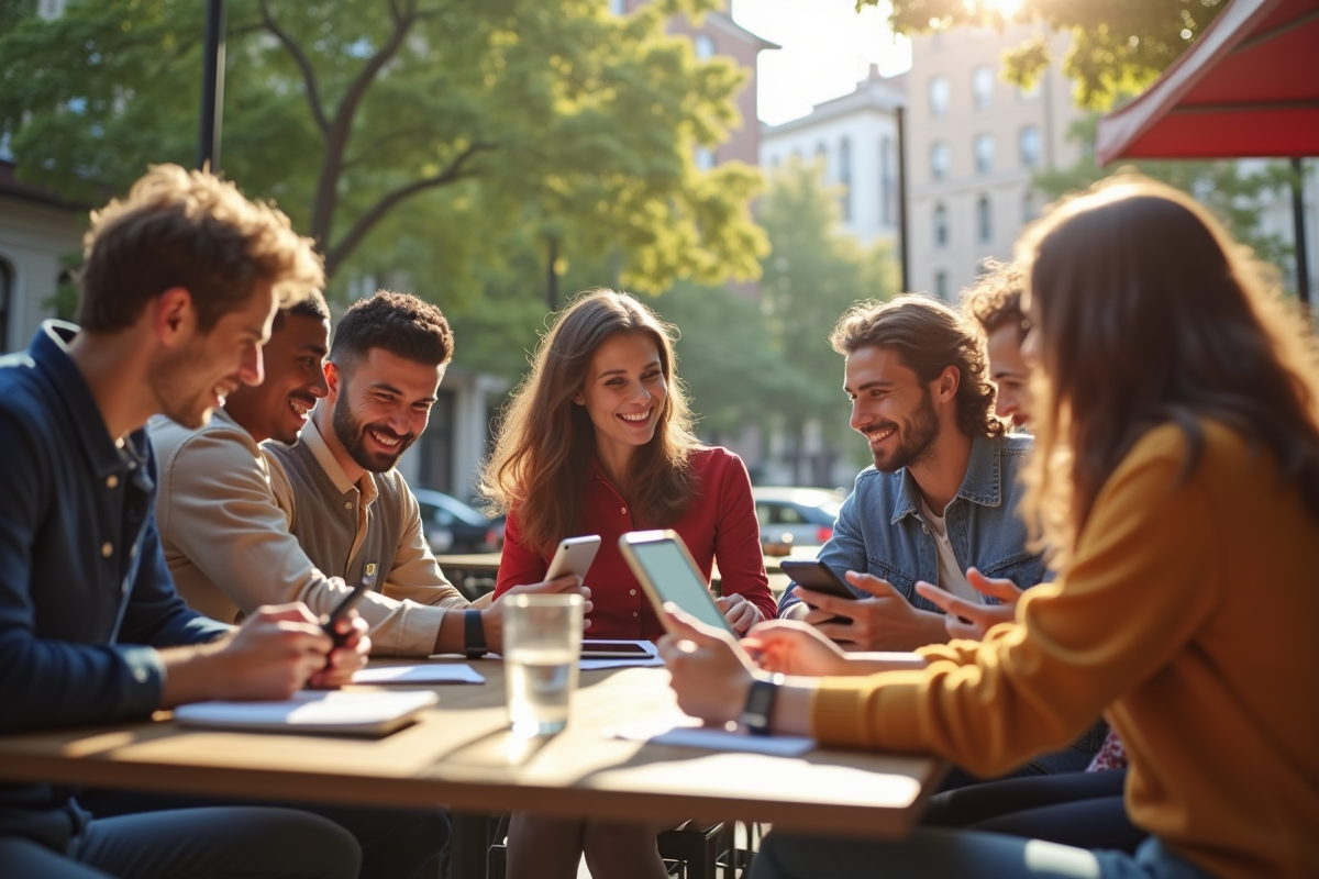 Groupe de millennials partageant des astuces financières en extérieur