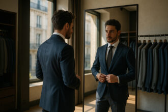 Homme en costume sur mesure dans une boutique lyonnaise