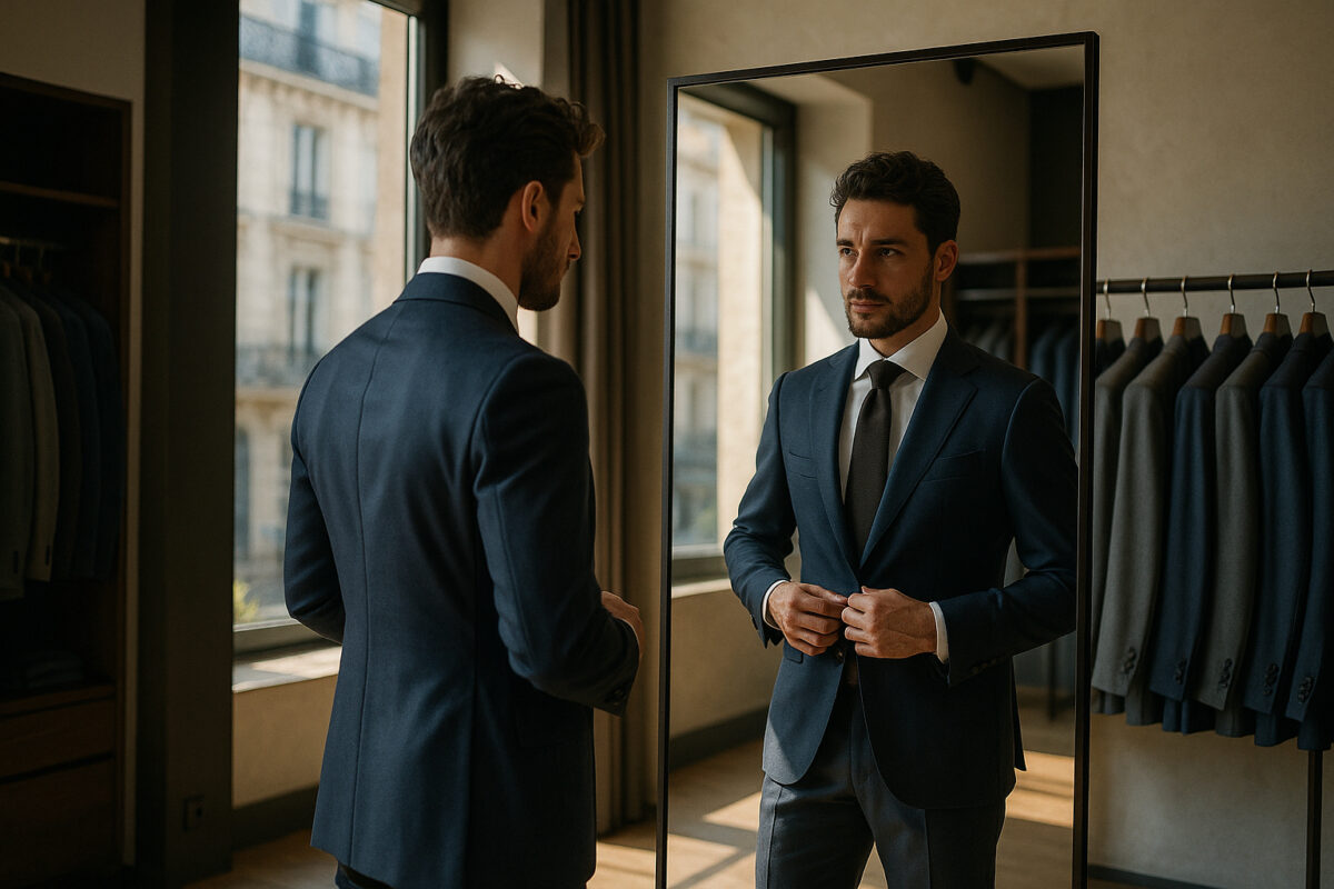 Homme en costume sur mesure dans une boutique lyonnaise