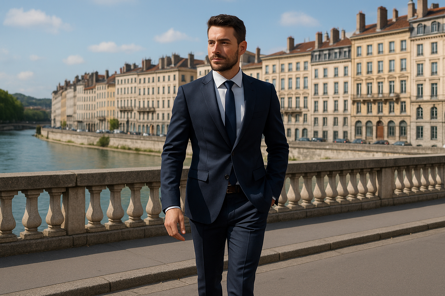 Homme en costume dans une rue de Lyon au bord du Rhône