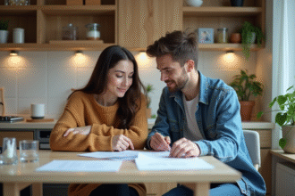 Deux jeunes adultes discutent de papiers dans une cuisine lumineuse