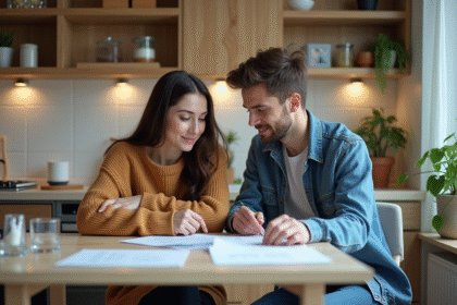 Deux jeunes adultes discutent de papiers dans une cuisine lumineuse