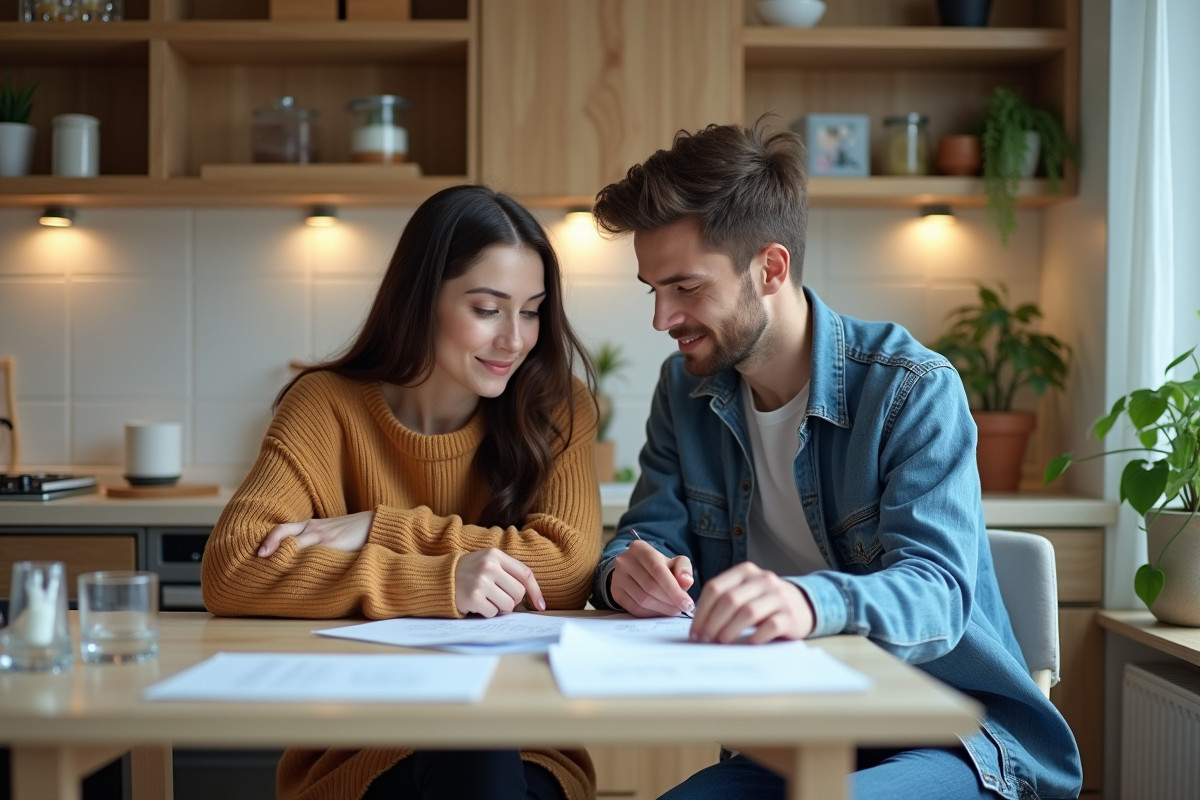 Deux jeunes adultes discutent de papiers dans une cuisine lumineuse