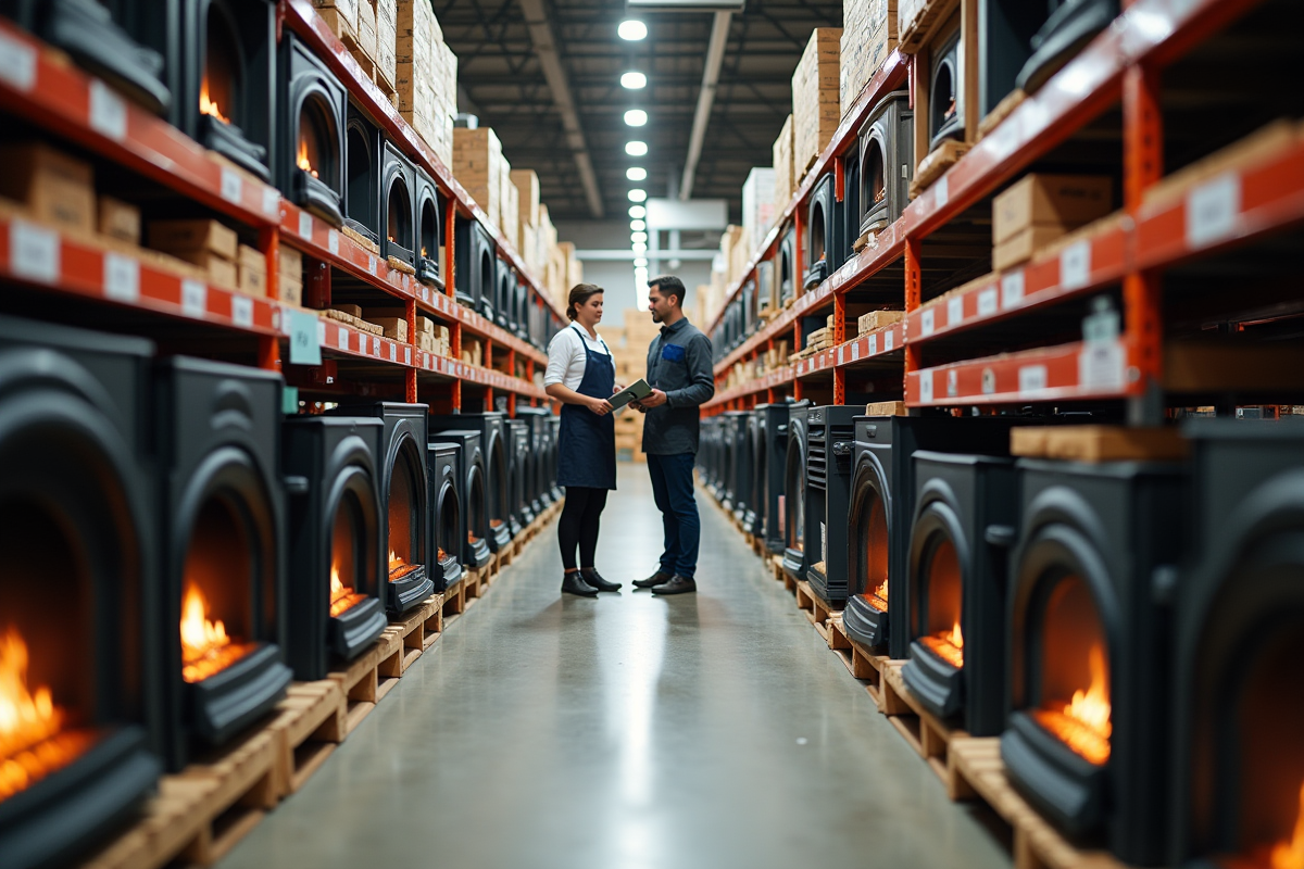 Rayon de magasin avec inserts de cheminee et conseiller aidant un client