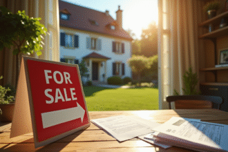 Maison en campagne française avec panneau vente et documents fiscaux