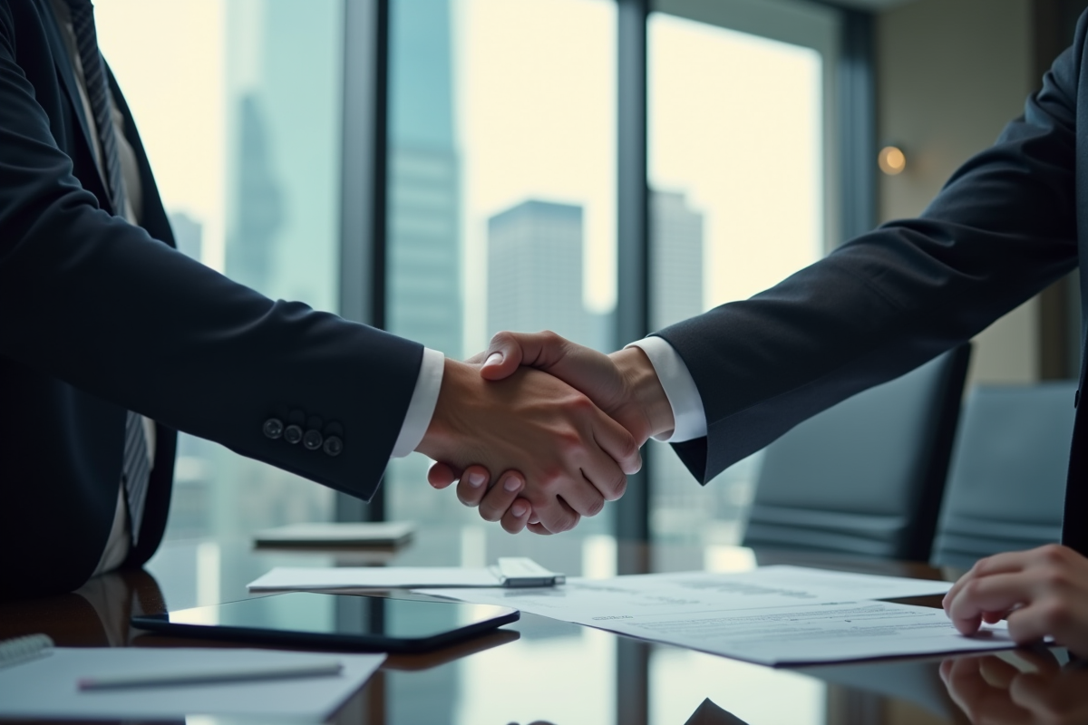 Poignée de main entre un cadre et un investisseur dans une salle lumineuse