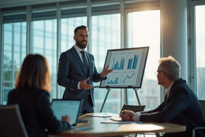 Professionnel confiant présentant des graphiques financiers en réunion