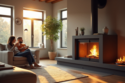 Salon cosy avec une cheminee moderne et un couple buvant du thé