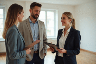 Agent immobilier femme avec couple dans un appartement lumineux