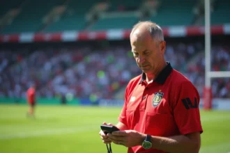 Arbitre rugby homme en uniforme avec chronomètre lors d’un match