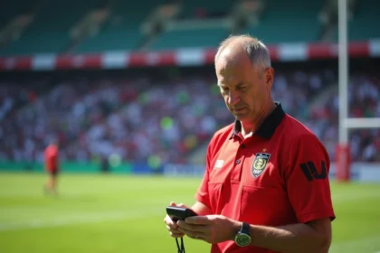 Arbitre rugby homme en uniforme avec chronomètre lors d’un match