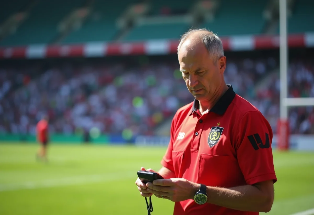 Arbitre rugby homme en uniforme avec chronomètre lors d’un match