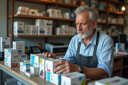 Commercant espagnol vérifiant prix cartouches d'encre dans boutique