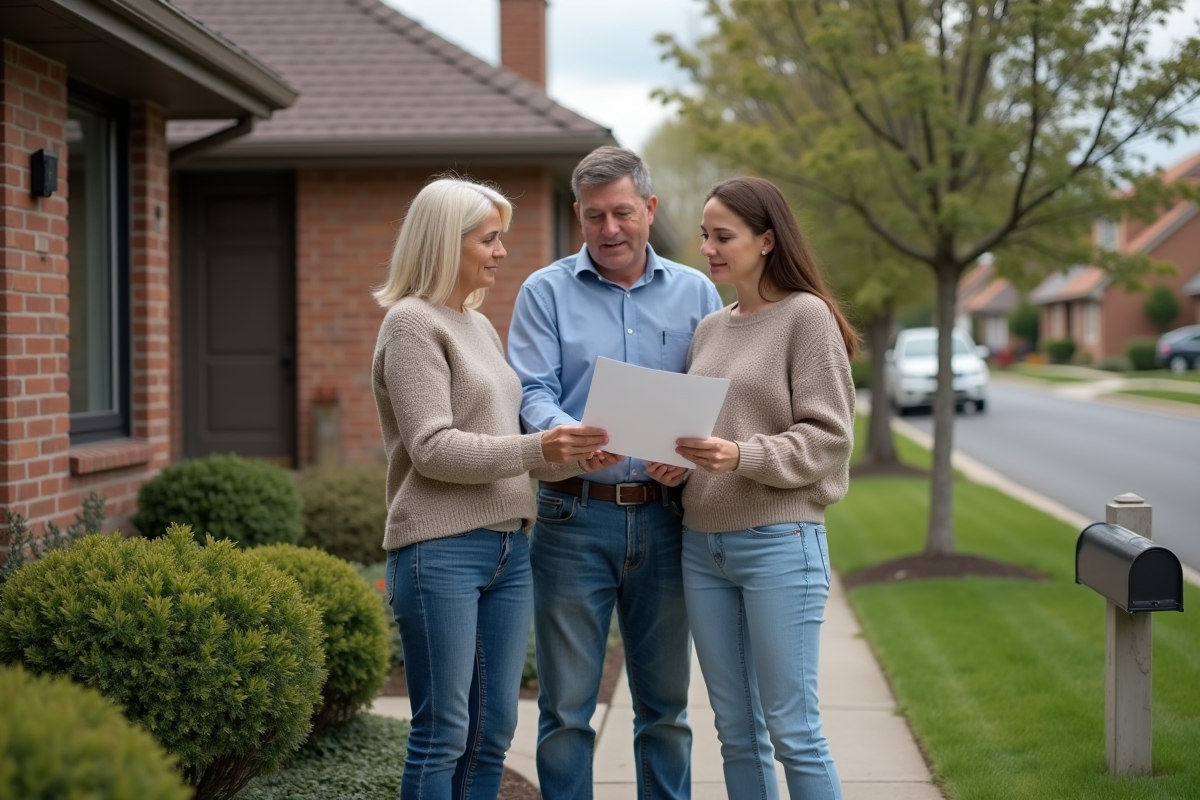 Couple regarde documents devant maison en brique