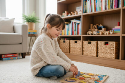 Jeune fille de 5 ans assemble un puzzle dans un salon lumineux