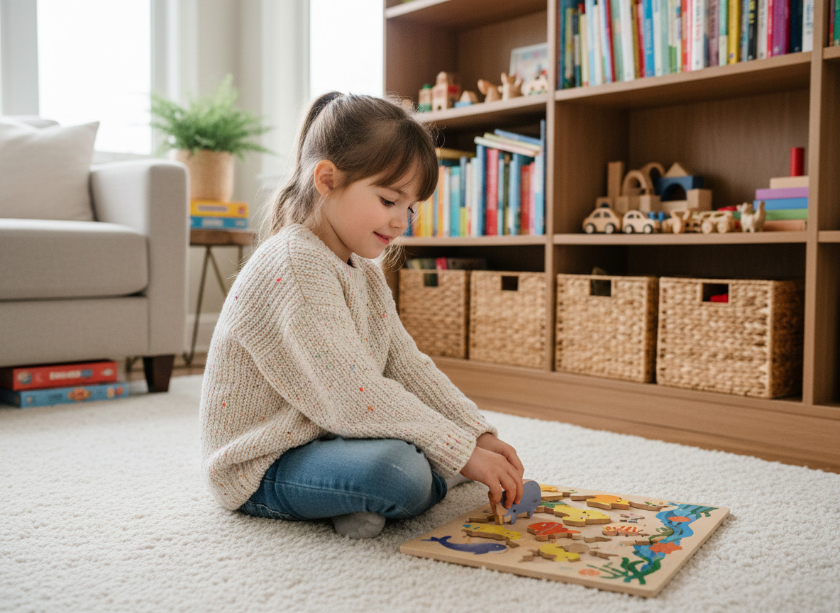 Jeune fille de 5 ans assemble un puzzle dans un salon lumineux