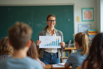 Professeure expliquant un graphique financier à des adolescents en classe