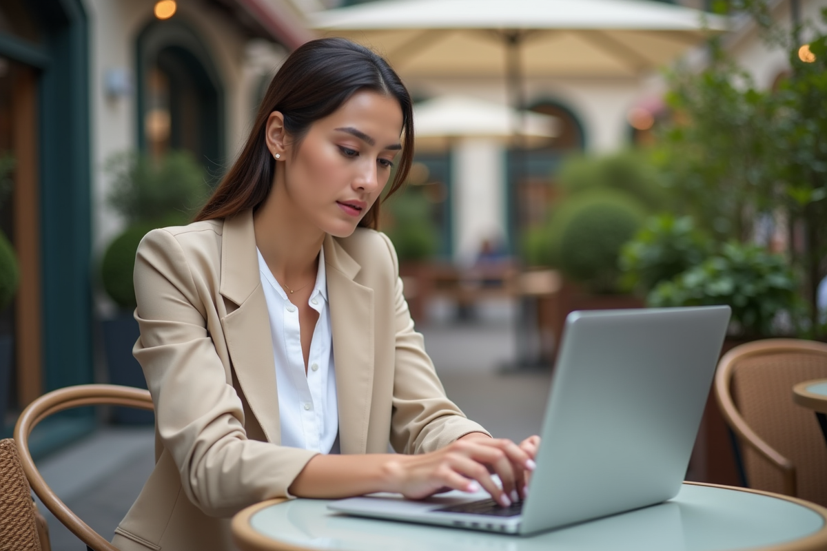 Femme en extérieur consulte des graphiques financiers sur son ordinateur
