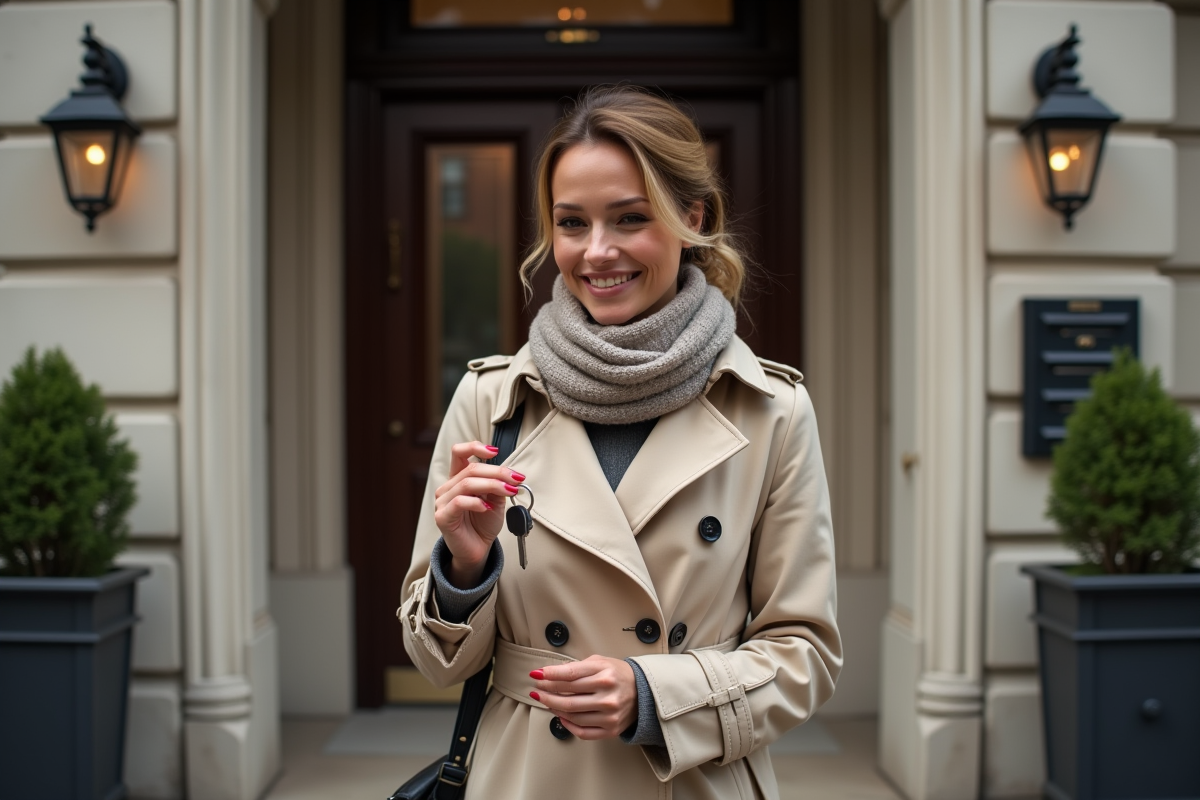Femme souriante tenant des clés devant un immeuble résidentiel