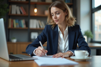 Femme professionnelle examine documents de mortgage au bureau